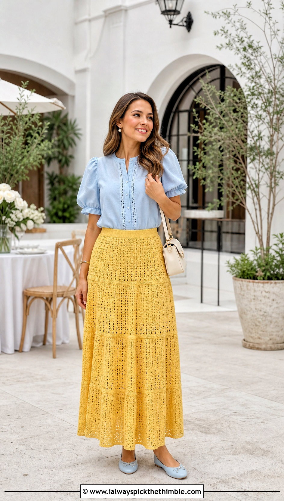 Tiered Crochet Long Skirt With Romantic Blouse - 15 Crochet Long Skirt Aesthetic outfit ideas