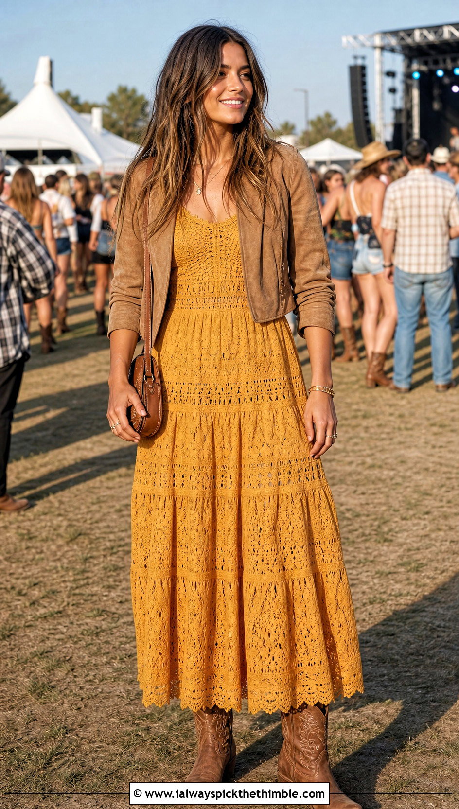 Tiered Crochet Maxi Dress With Cowboy Boots - 20 crochet dresses ideas