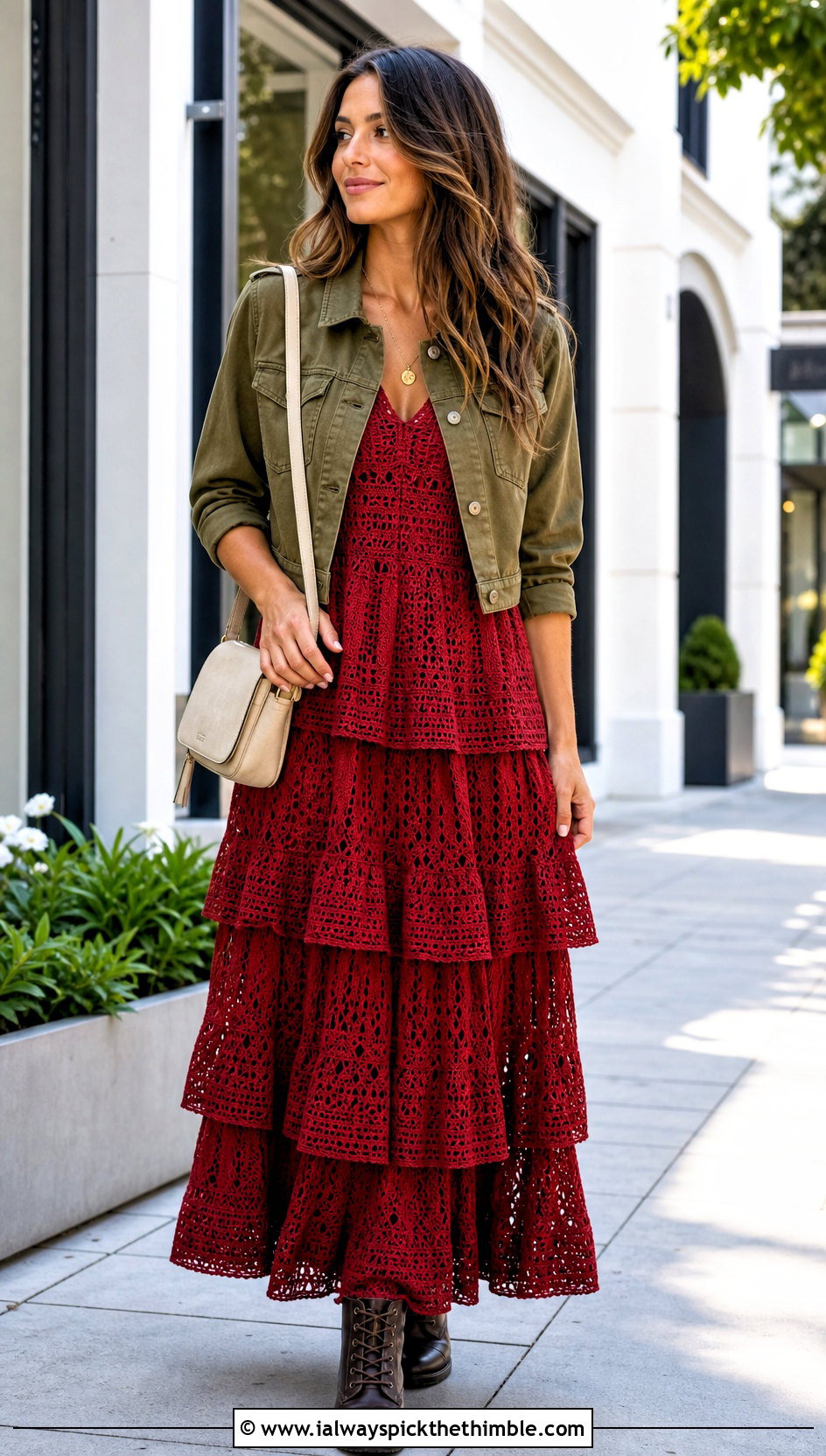 Tiered Crochet Maxi Dress With Utility Jacket - 25 Crochet Maxi Dress outfit ideas