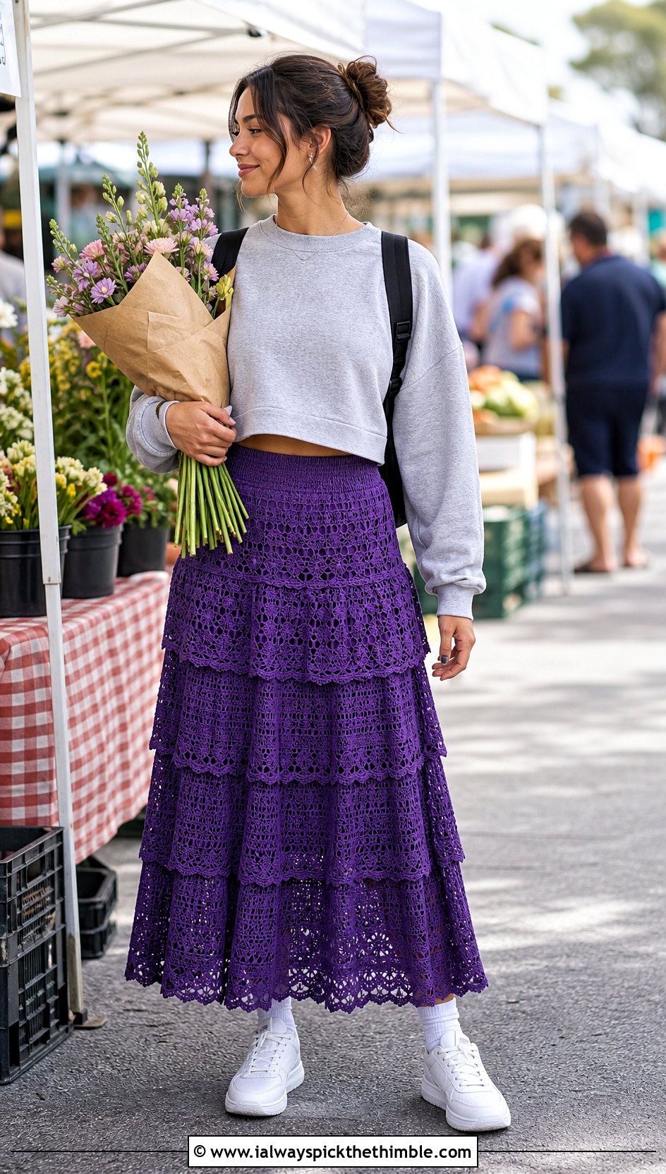 Tiered Crochet Maxi Skirt With Cropped Sweatshirt - 20 crocheted maxi skirt outfit ideas
