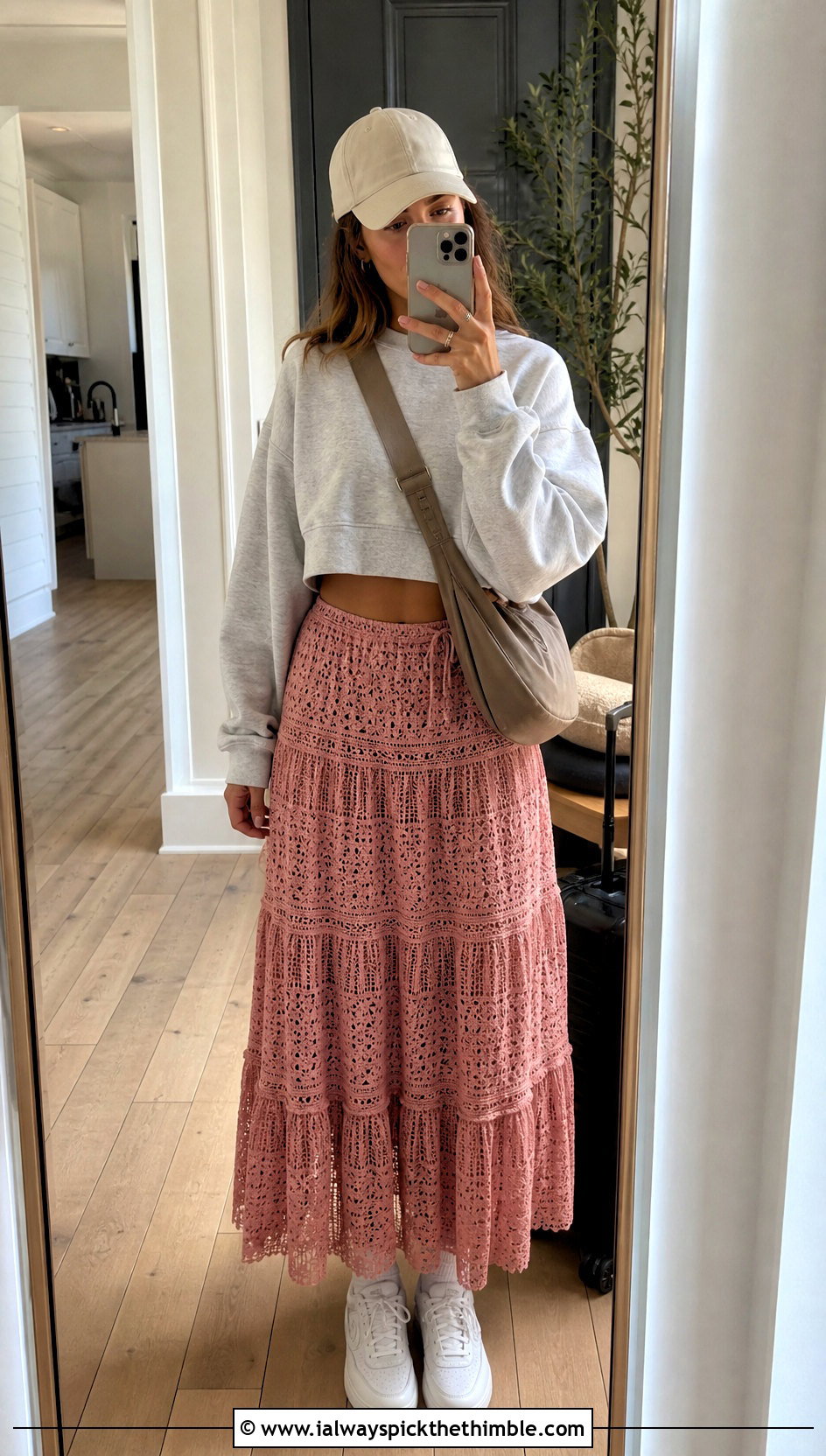 Tiered Crochet Maxi Skirt With Cropped Sweatshirt - 25 crochet maxi skirt outfit ideas