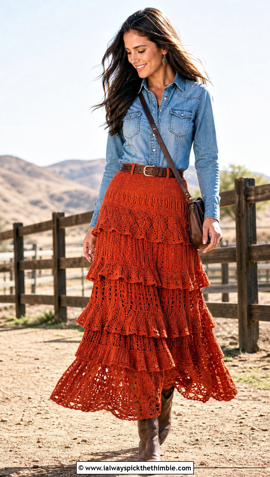 Tiered Crochet Maxi Skirt With Western Shirt And Boots - 20 Simple Crochet Skirt outfit ideas