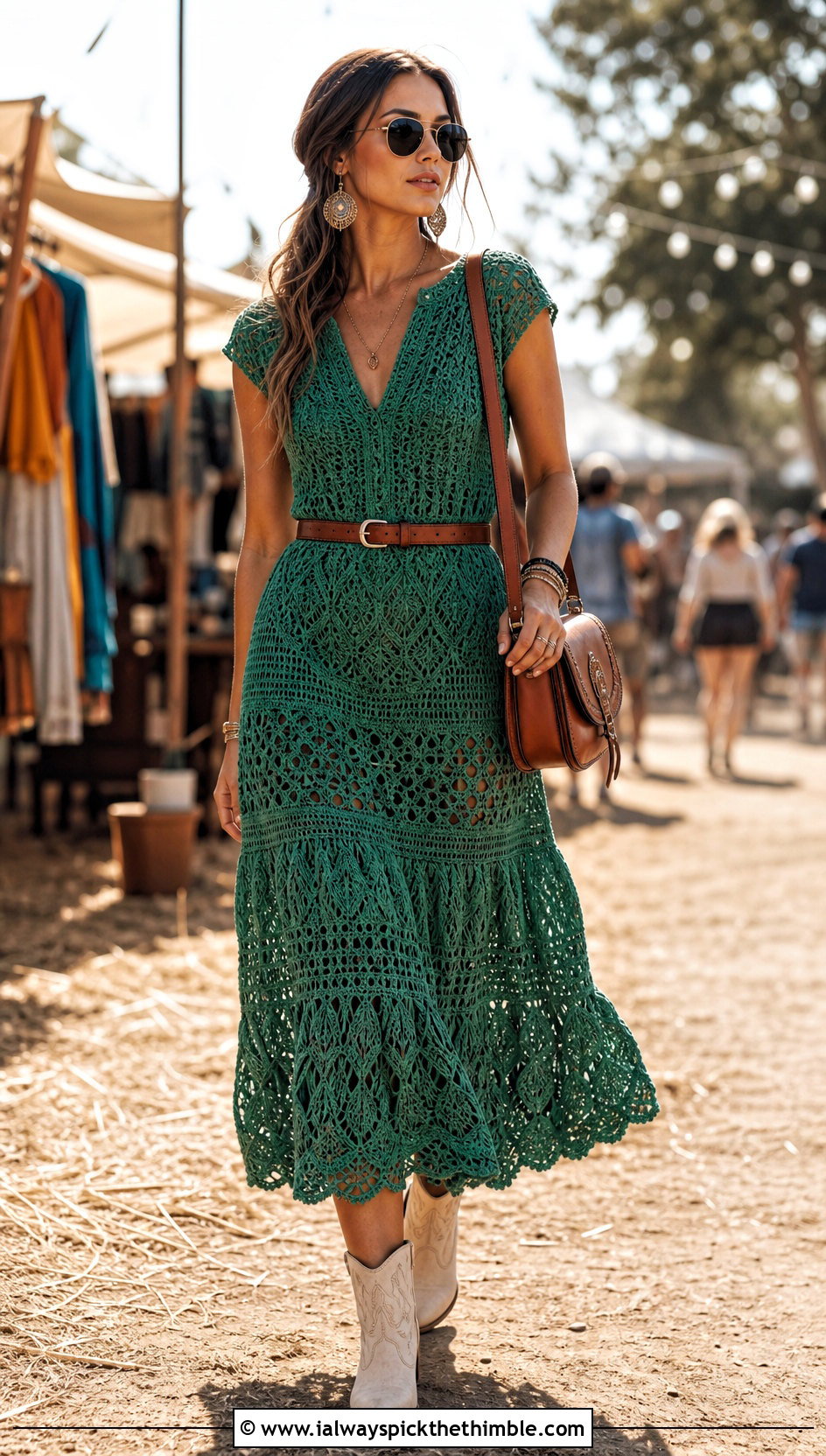 Tiered Crochet Midi Dress With Western Boots - 25 crochet festival dress outfit ideas