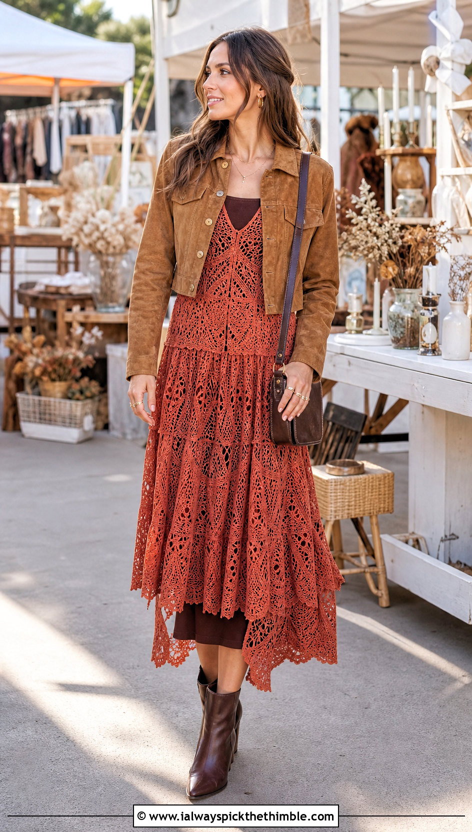 Tiered Crochet Overlay Maxi Dress With Suede Jacket And Boots - 20 Crochet Overlay Dress outfit ideas