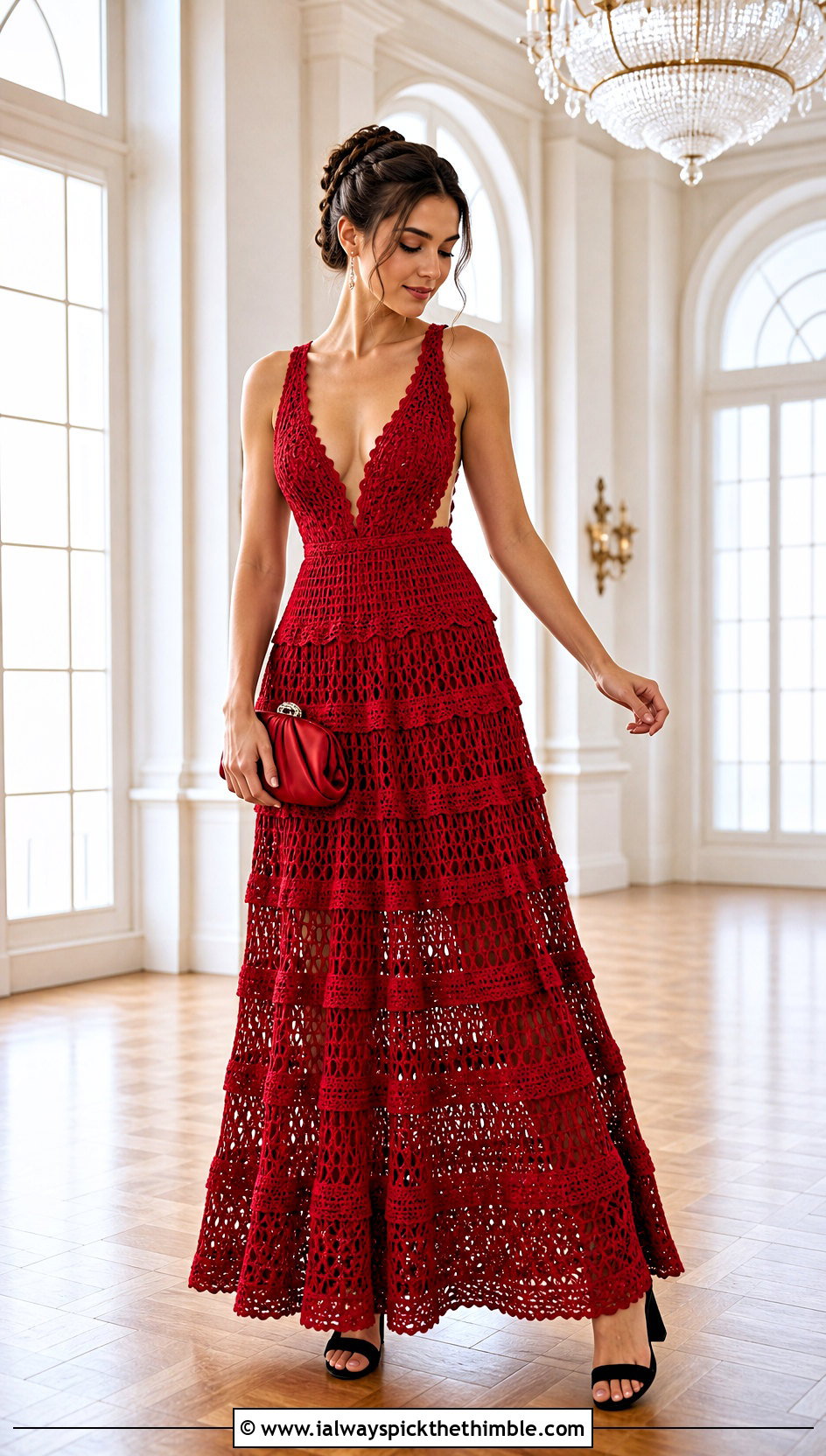 Tiered Crochet Prom Gown With Block Heel Sandals - 20 Prom Crochet Dress outfit ideas