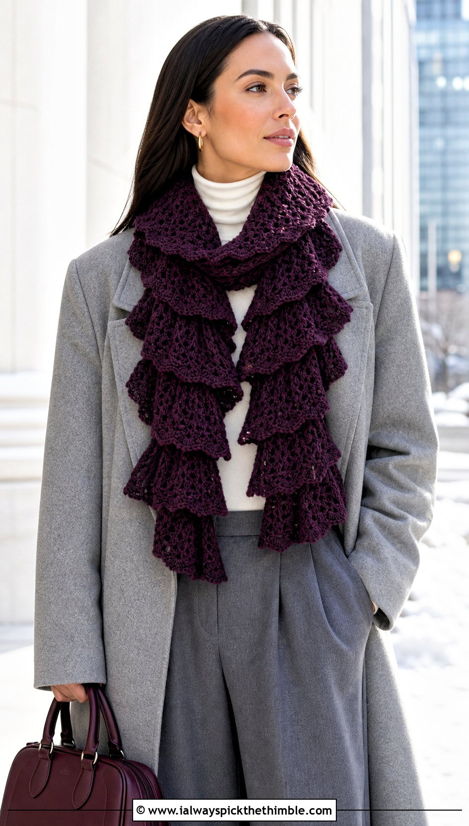 Tiered Crochet Ruffle Scarf With Wool Coat And Wide Leg Pants - 20 crochet ruffle scarf outfit ideas