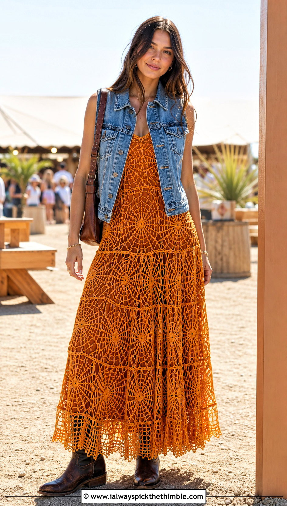 Tiered Crochet Spider Web Maxi Dress With Western Boots - 20 crochet spider web dress outfit ideas