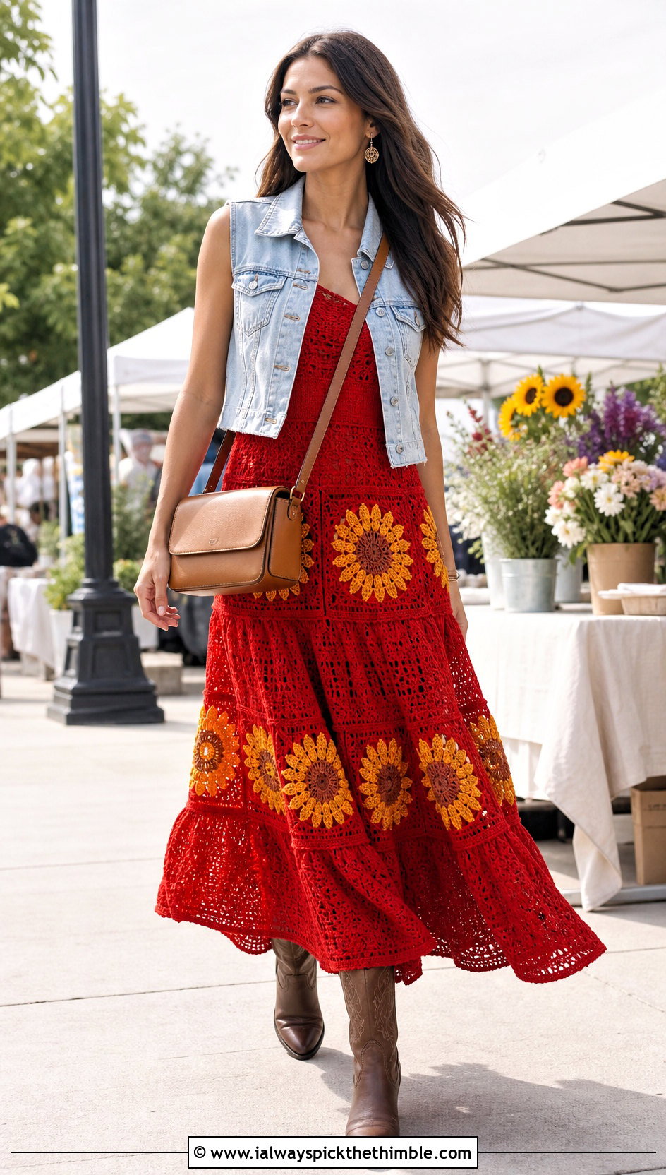 Tiered Crochet Sunflower Maxi Dress With Western Boots - 25 crochet sunflower dress outfit ideas