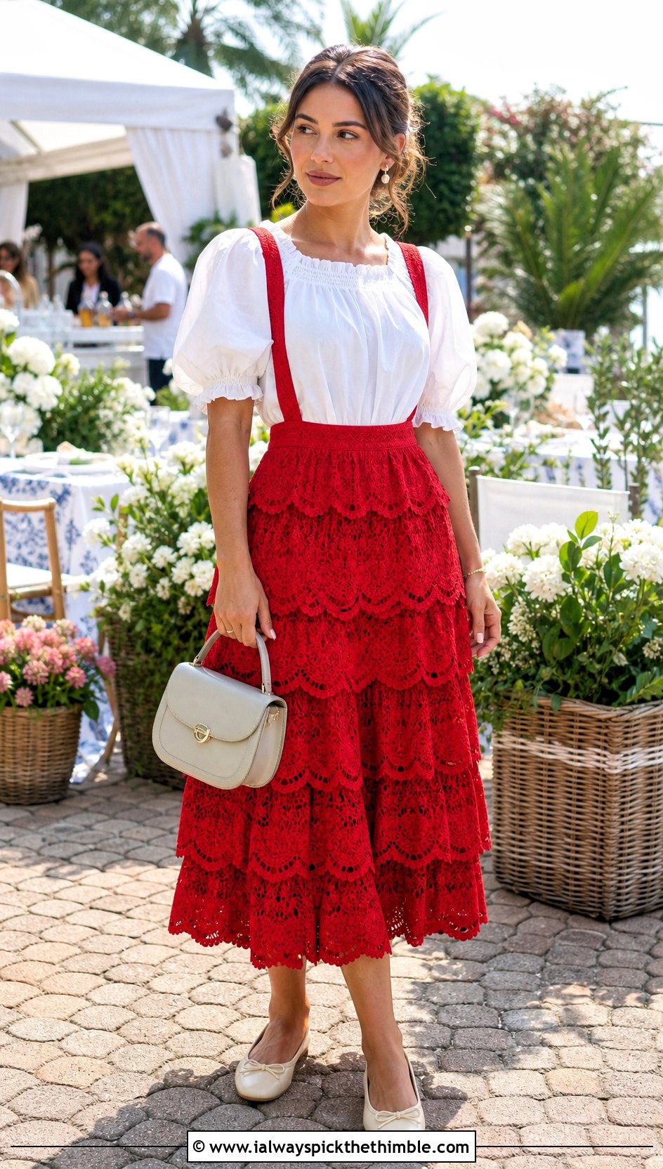 Tiered Crochet Suspender Midi Skirt With Puff Sleeve Blouse - 20 crochet skirt with suspenders outfit ideas