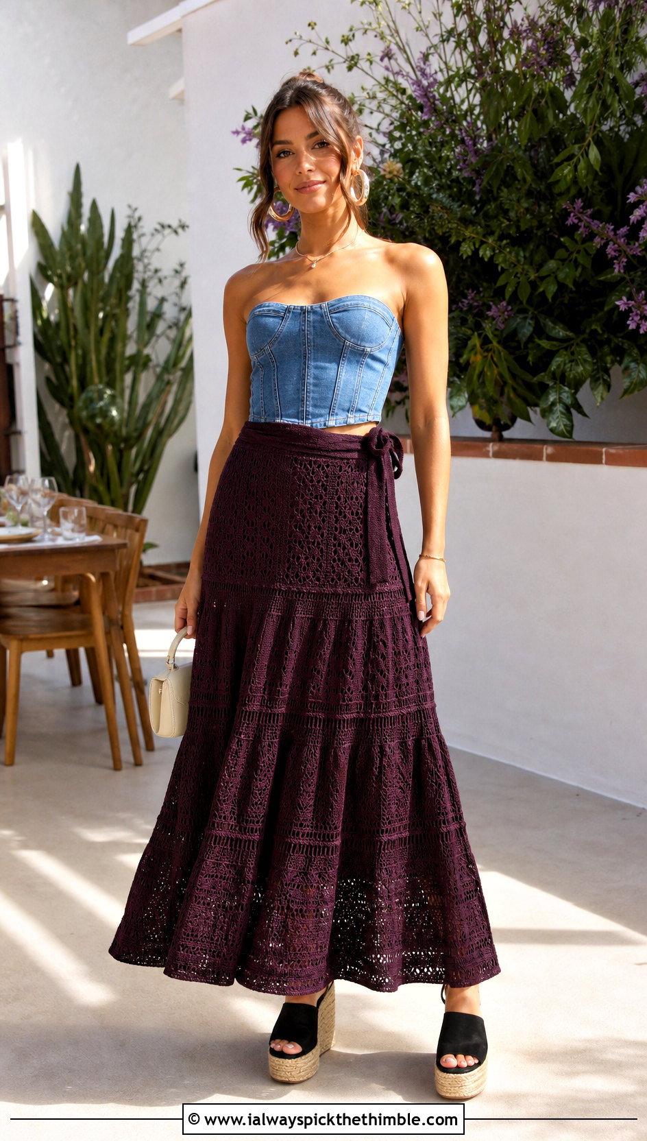 Tiered Crochet Tie Skirt With Denim Corset Top - 20 crochet tie skirt outfit ideas