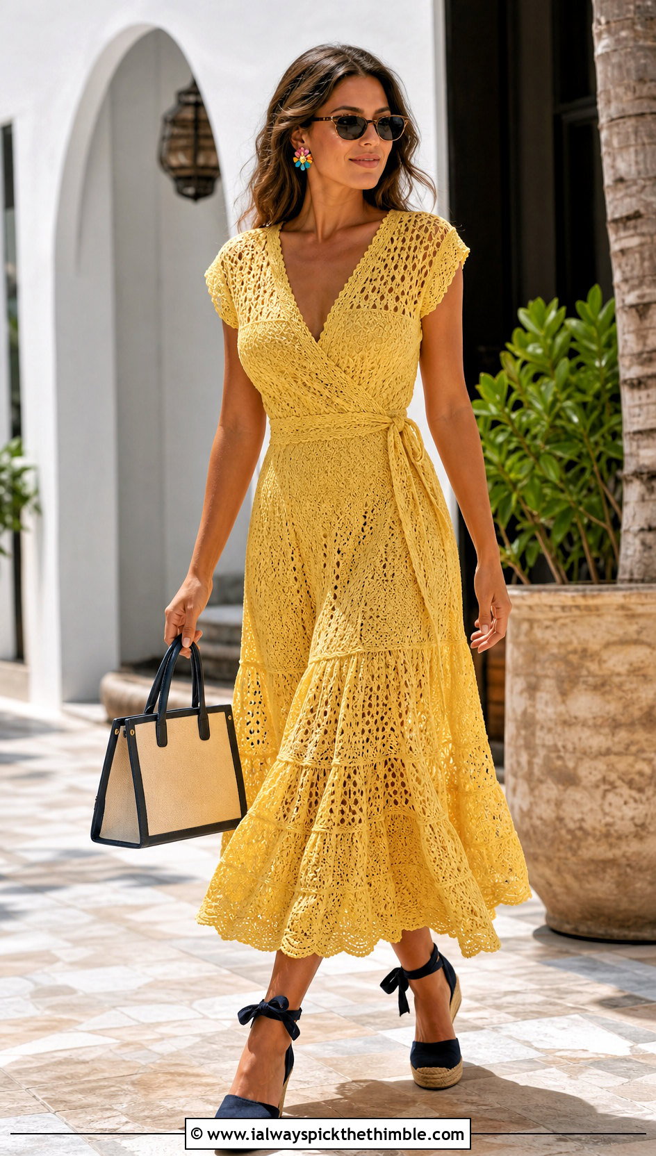 Tiered Crochet Wrap Dress With Espadrilles - 25 crochet wrap dress outfit ideas