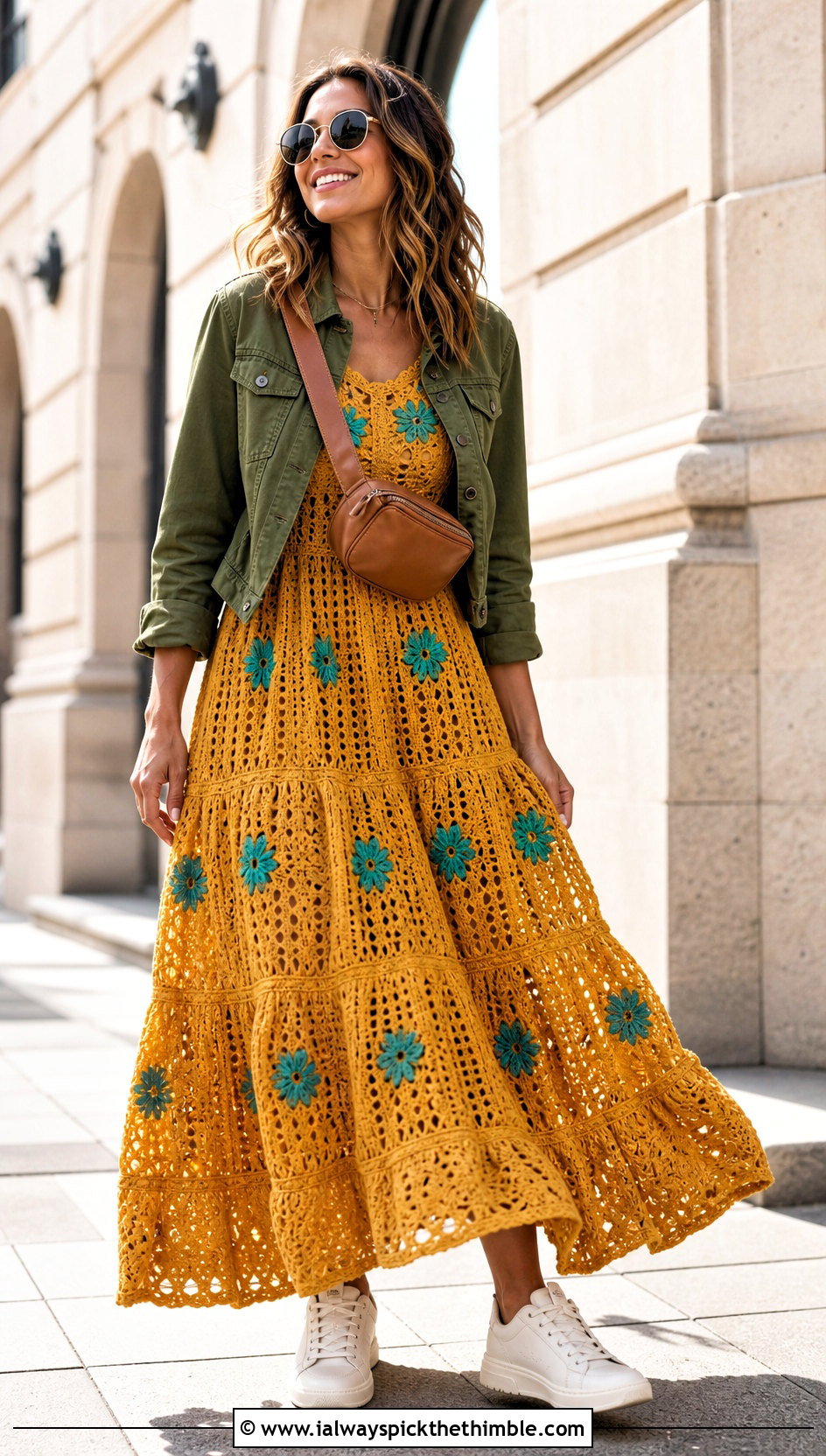 Tiered Floral Crochet Maxi Dress With Utility Jacket - 15 floral crochet maxi dress outfit ideas