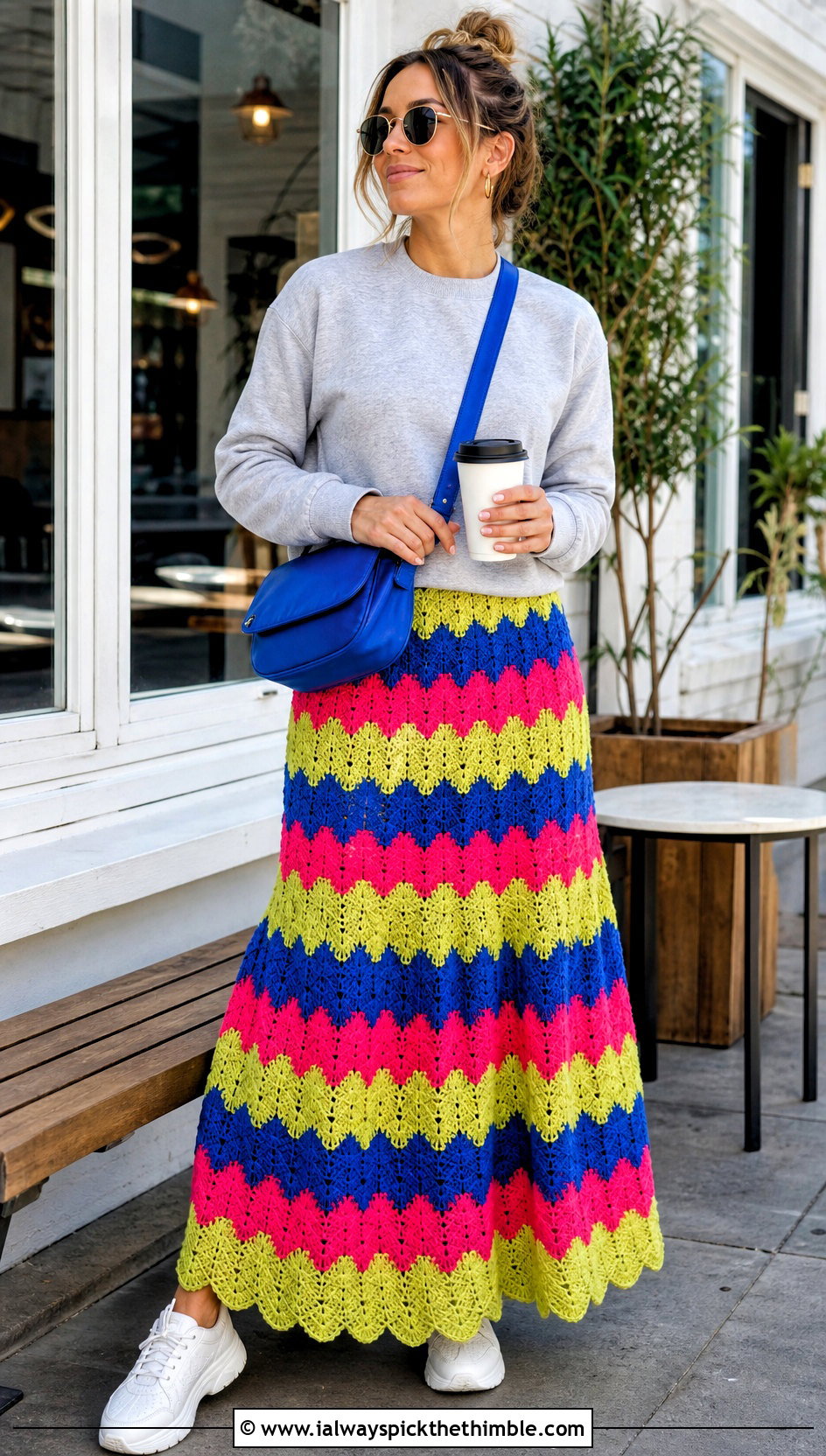 Tiered Granny Ripple Crochet Maxi Skirt With Fitted Sweatshirt - 15 colorful crochet zigzag skirt outfit ideas
