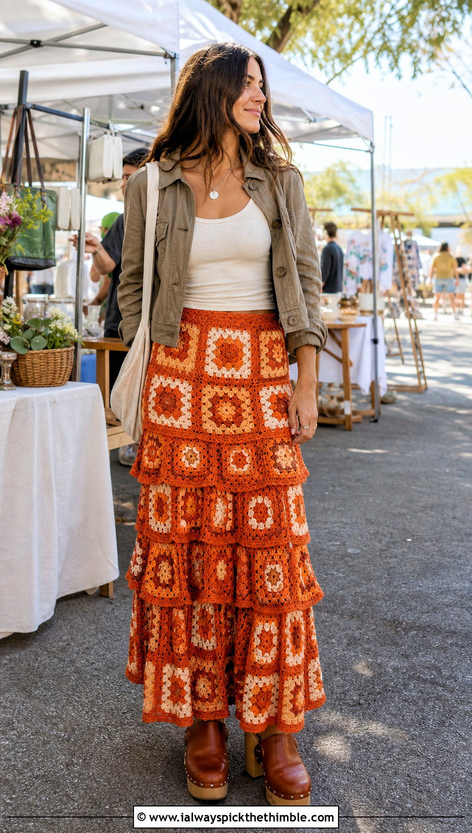 Tiered Granny Square Maxi Skirt With Utility Jacket And Clogs - 25 crochet granny skirt outfit ideas
