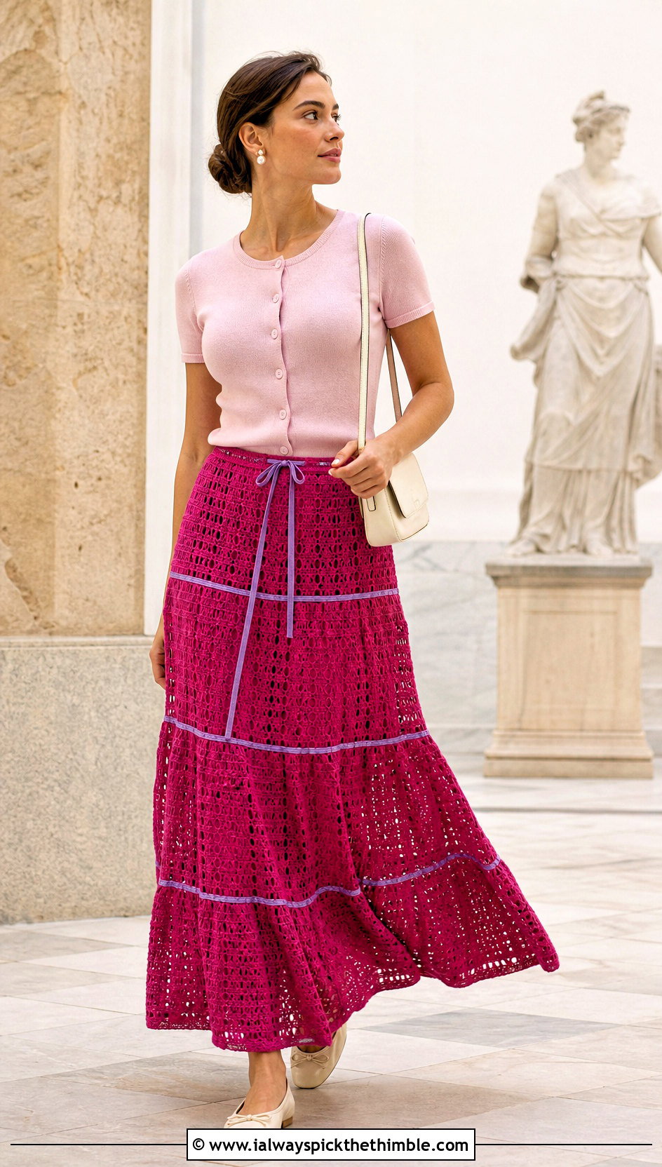 Tiered Ribbon Trim Crochet Maxi Skirt With Cardigan And Ballet Flats - 15 Crochet Skirt With Ribbon Detail outfit ideas