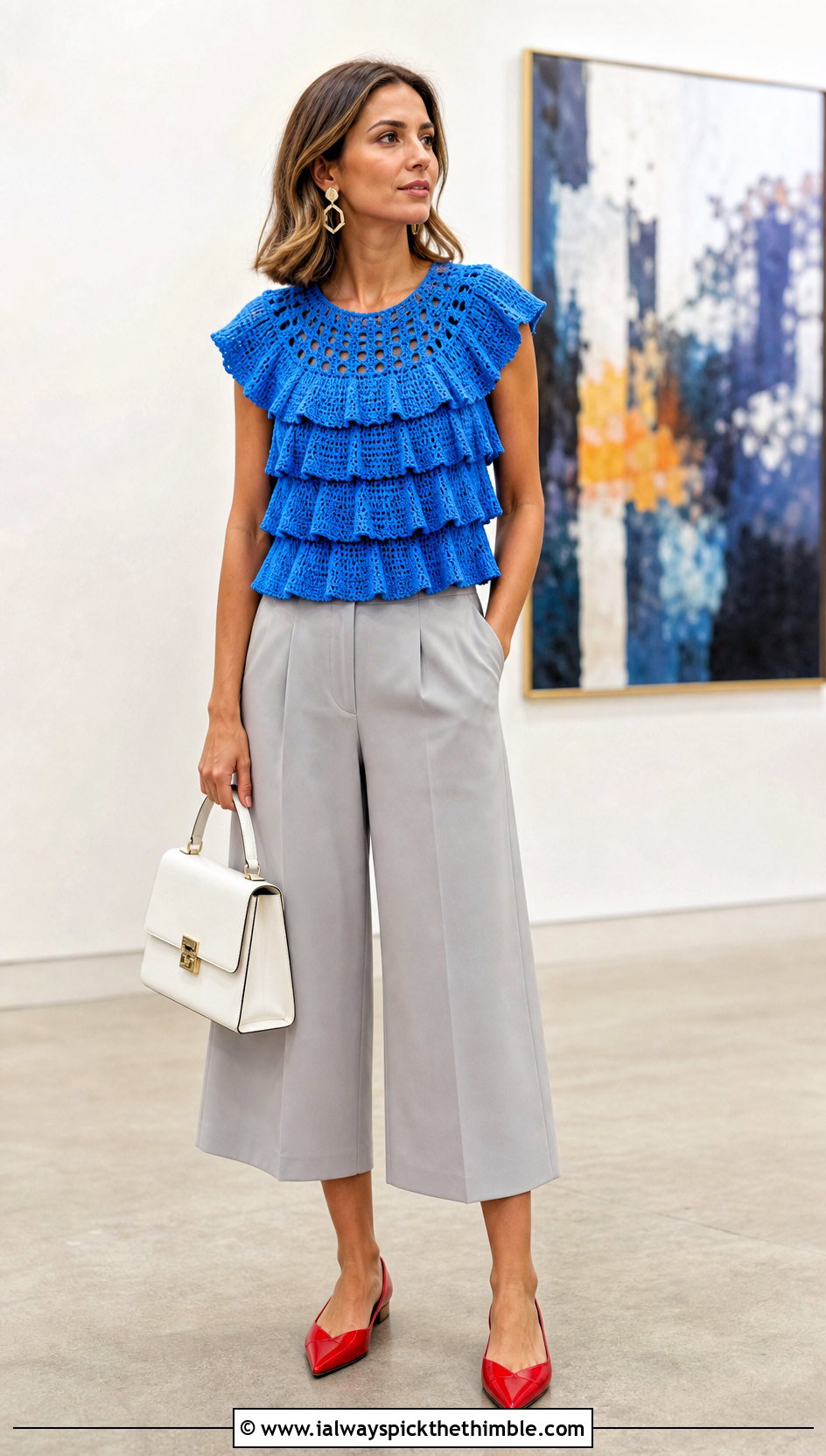 Tiered Ruffle Crochet Top With Tailored Culottes - 25 crochet top with ruffles outfit ideas