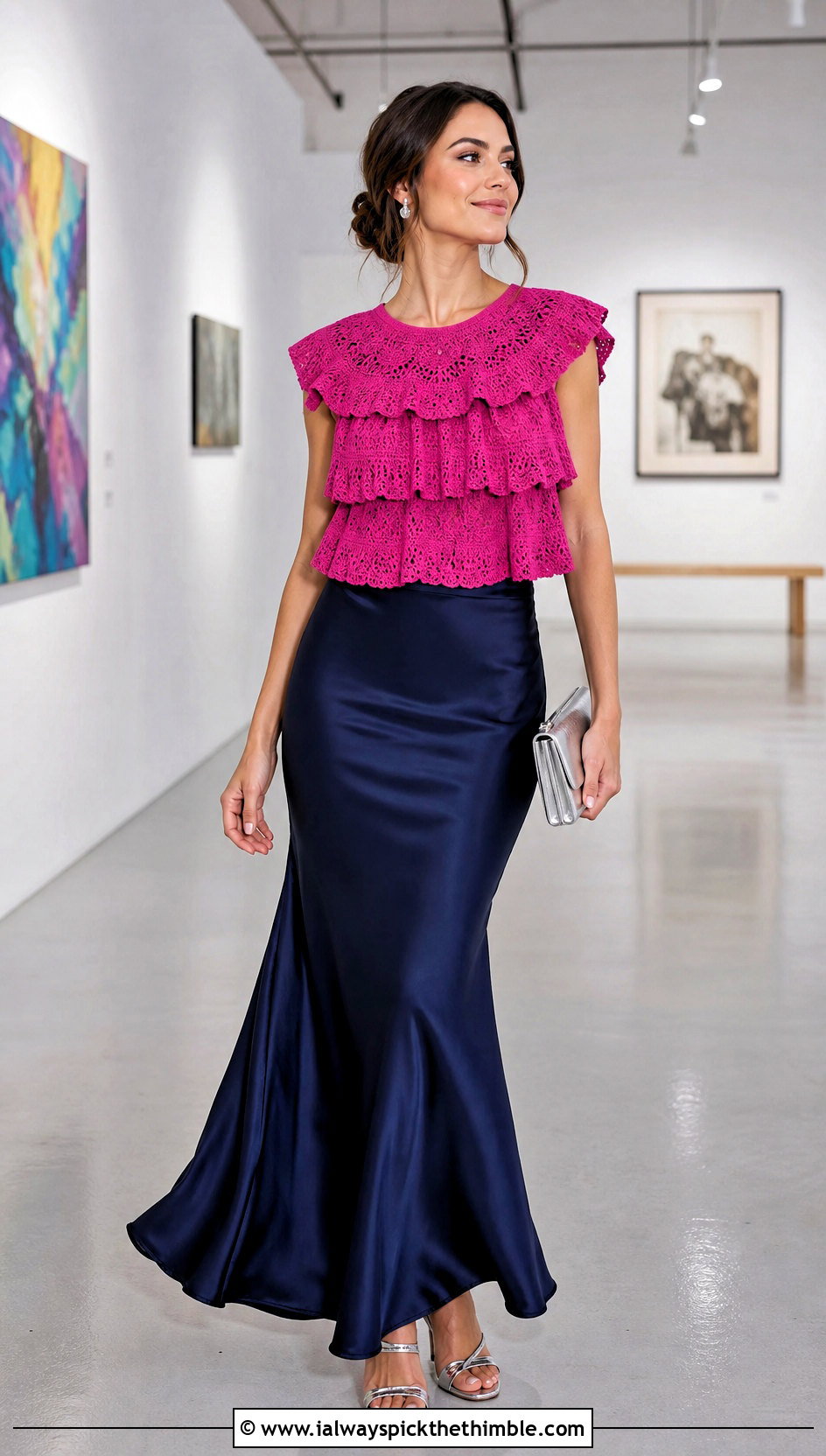 Tiered Ruffled Crochet Top With Satin Maxi Skirt - 20 ruffled crochet top outfit ideas