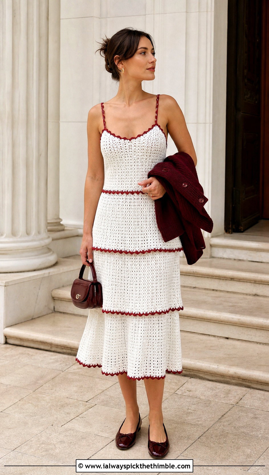 Tiered White Crochet Midi Dress With Ballet Flats - 20 White Crochet Midi Dress outfit ideas