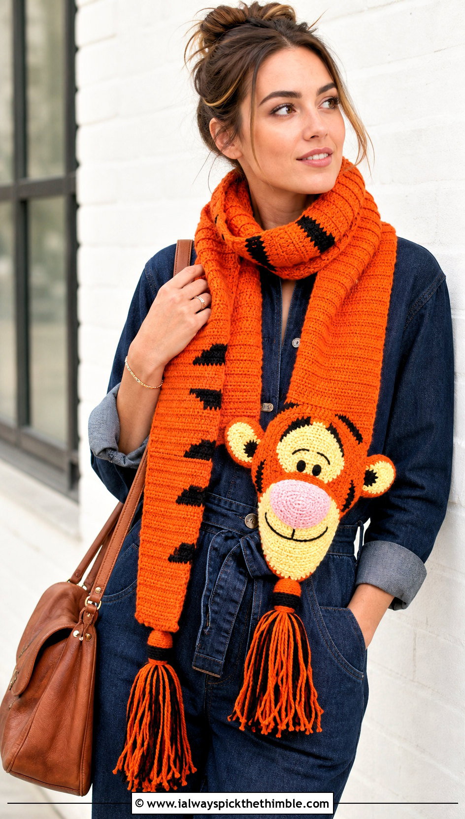 Tigger Ribbed Tassel Crochet Disney Scarf With Denim Jumpsuit - 20 Crochet Disney Scarf outfit ideas