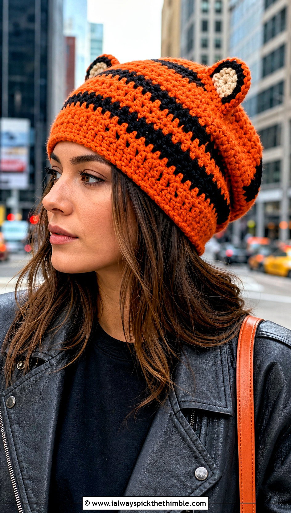 Tigger Striped Slouchy Crochet Disney Beanie With Leather Jacket - 20 Crochet Disney Beanie outfit ideas