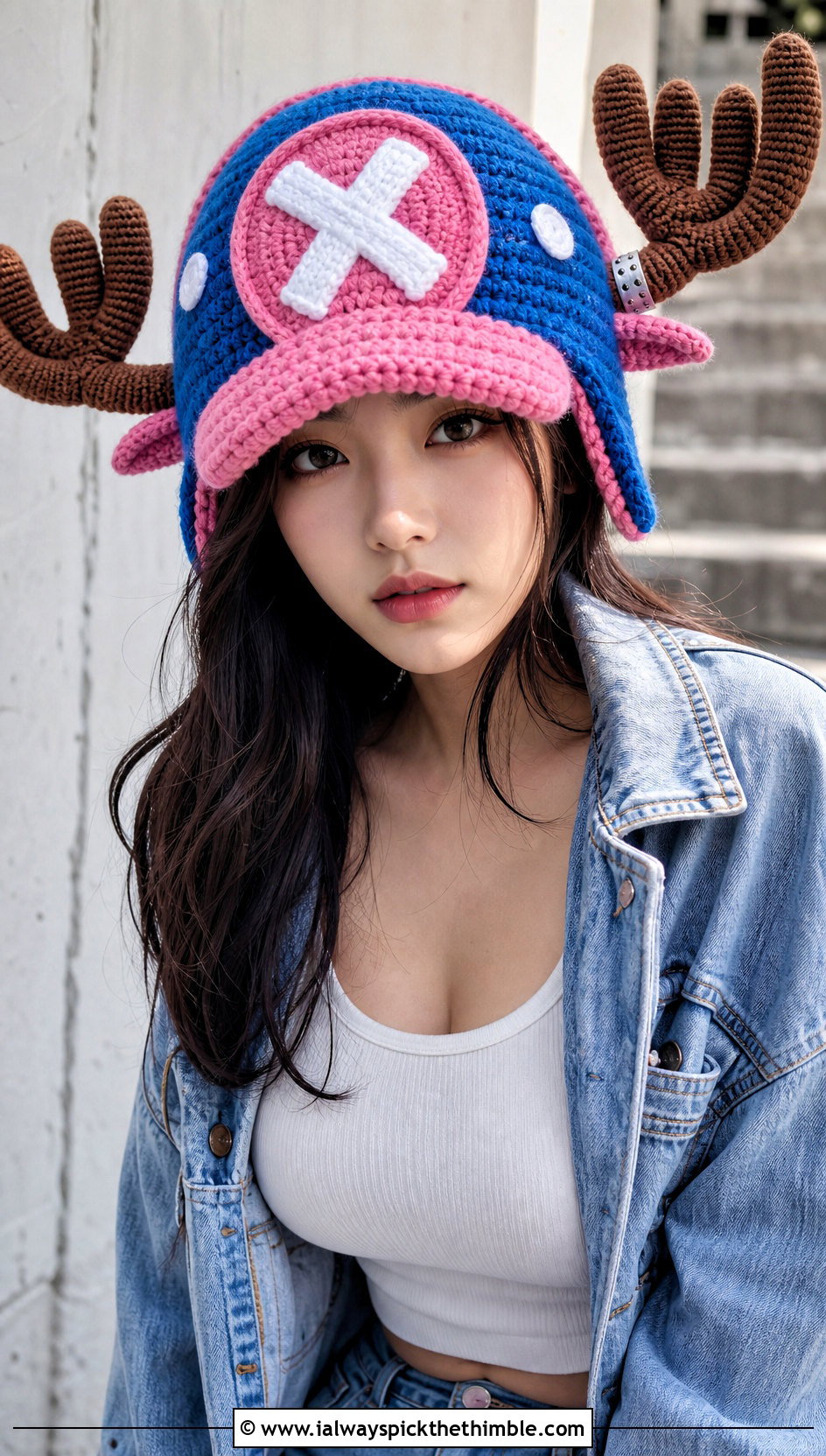 Timeskip Chopper Crochet Hat With Denim Jacket And Mini Skirt - 20 chopper crochet hat outfit ideas