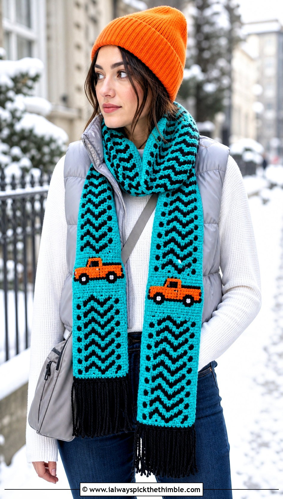 Tire Tread Truck Crochet Scarf With Puffer Vest - 20 Crochet Truck Scarf outfit ideas