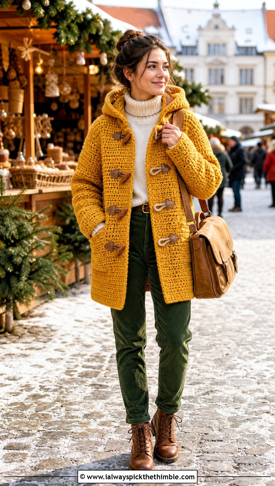 Toggle Crochet Duffle Coat With Corduroy Pants - 25 crochet coat outfit ideas