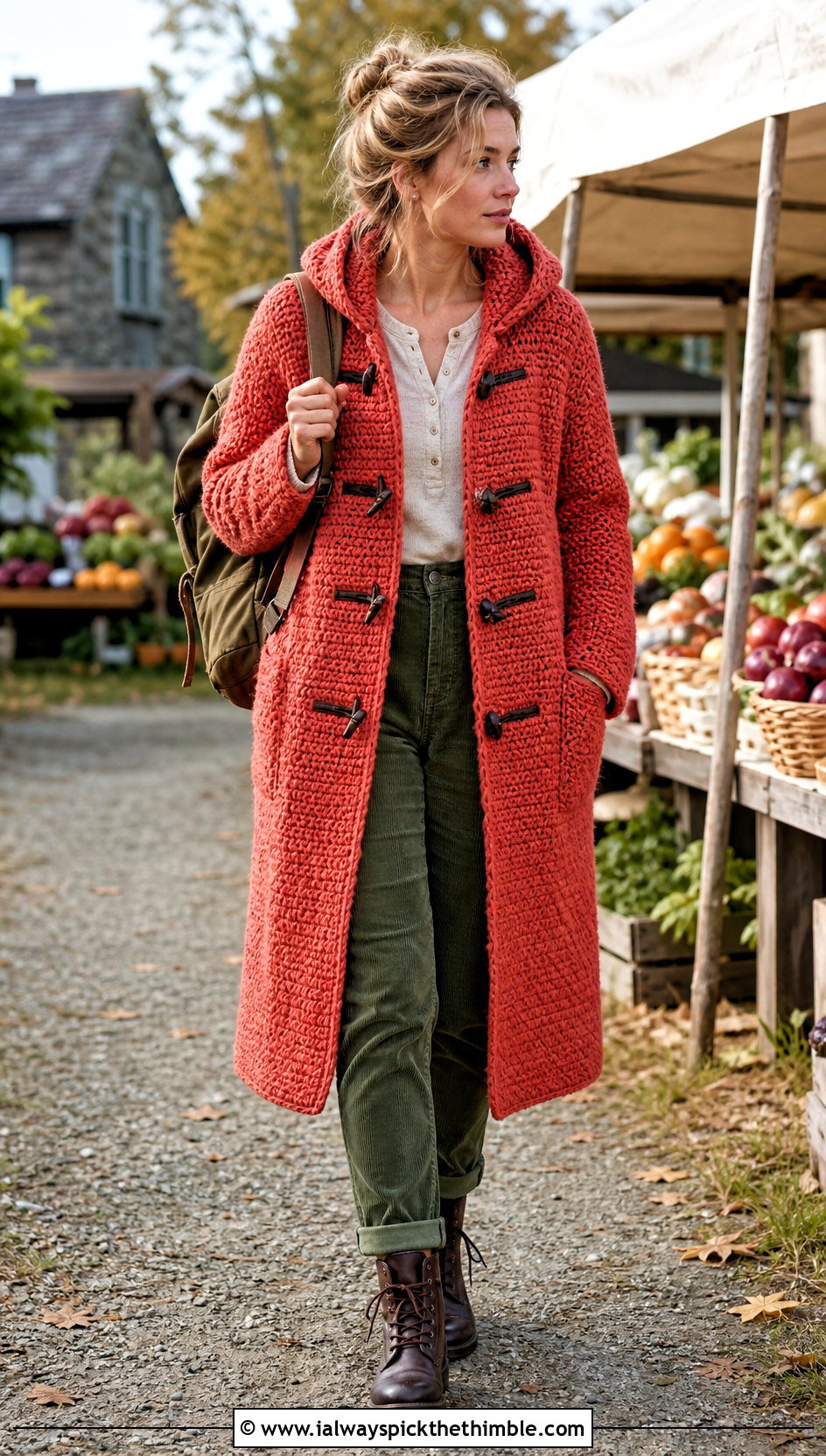 Toggle Front Crochet Winter Coat With Corduroy Pants - 20 Crochet Winter Coat outfit ideas