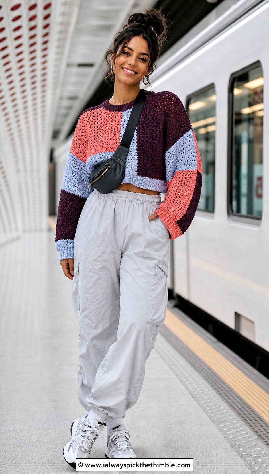 Tom Daley Color Block Patchwork Crochet Sweater With Parachute Pants - 20 tom daley crochet sweater outfit ideas