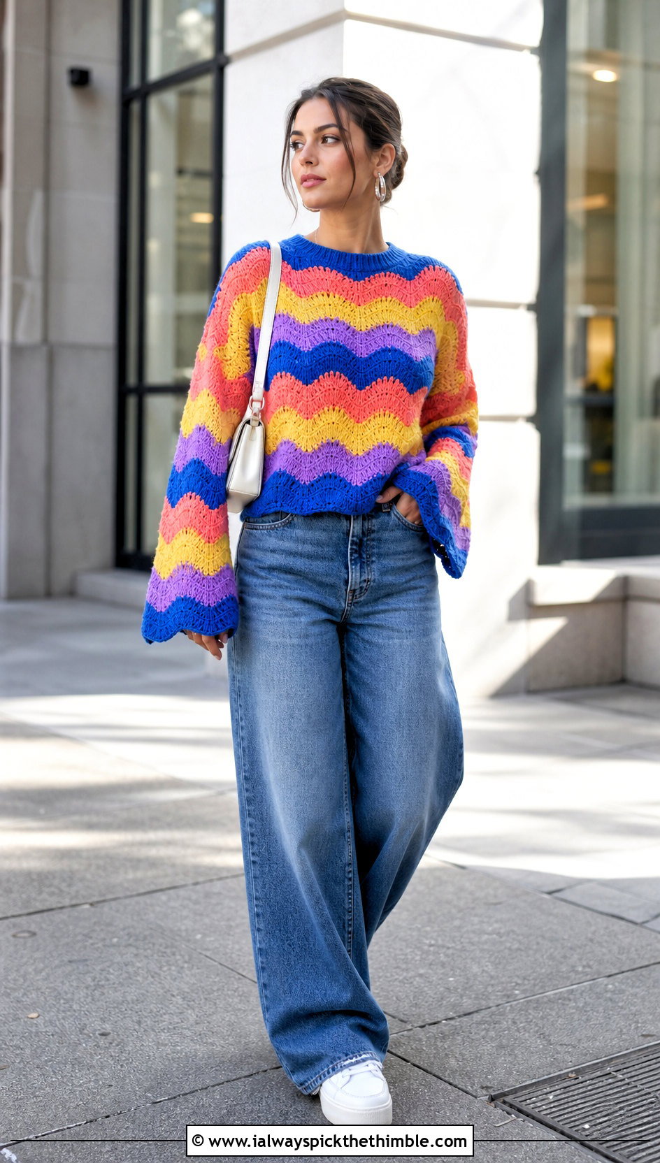 Tom Daley Rainbow Ripple Crochet Sweater With Wide Leg Jeans - 20 tom daley crochet sweater outfit ideas