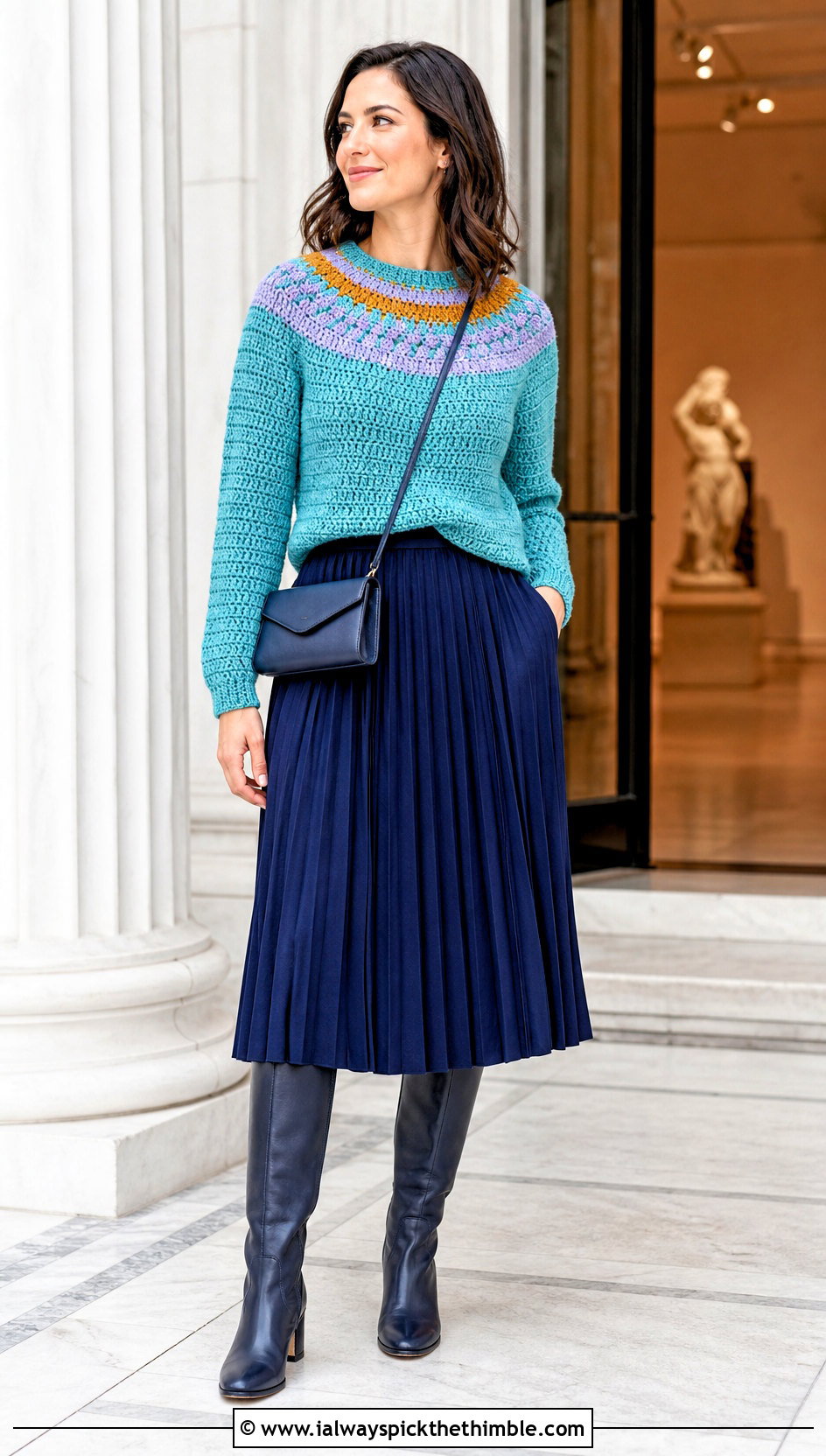 Tom Daley Round Yoke Crochet Sweater With Pleated Midi Skirt - 20 tom daley crochet sweater outfit ideas