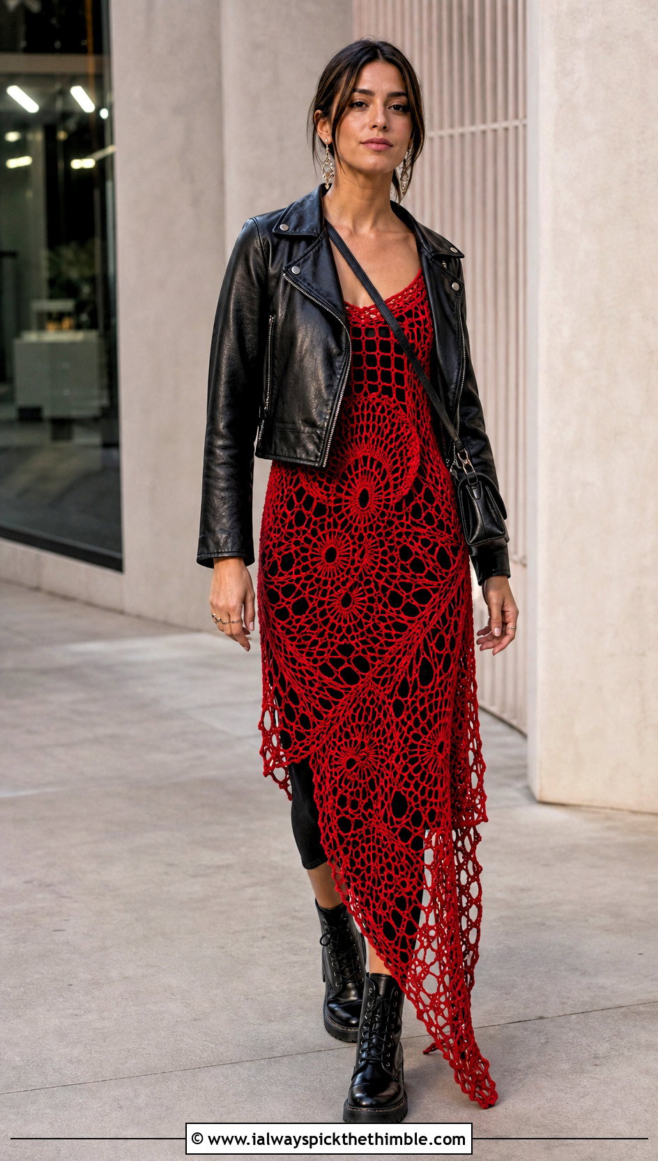 Tomato Red Abigail Fairy Crochet Dress With Leather Jacket - 20 abigail fairy crochet dress outfit ideas