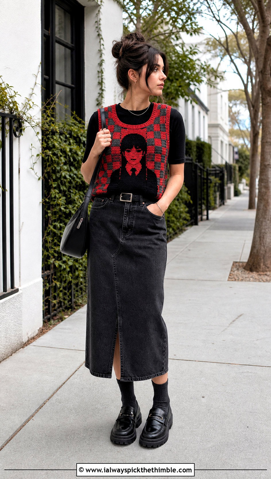 Tomato Red Crochet Wednesday Addams Vest With Denim Midi Skirt - 15 Crochet Wednesday Addams Vest outfit ideas