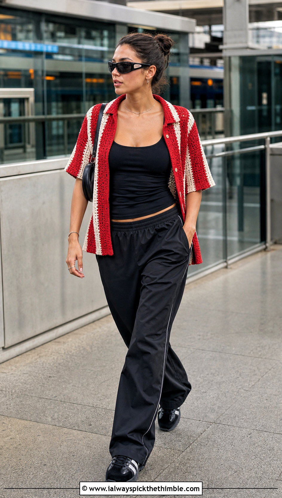 Tomato Red Striped Stussy Crochet Shirt With Track Pants - 15 stussy crochet shirt outfit ideas