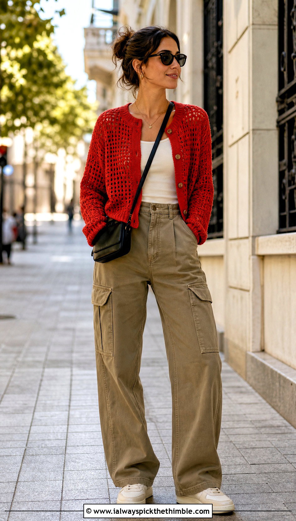 Tomato Red Sunset Crochet Sweater With Cargo Pants - 20 Sunset Crochet Sweater outfit ideas