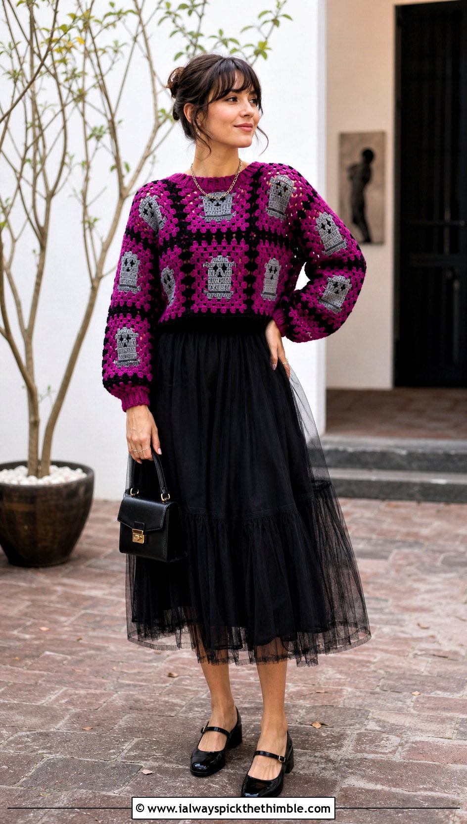 Tombstone Granny Square Halloween Sweater With A Tulle Skirt - 15 Crochet Granny Square Halloween Sweater outfit ideas