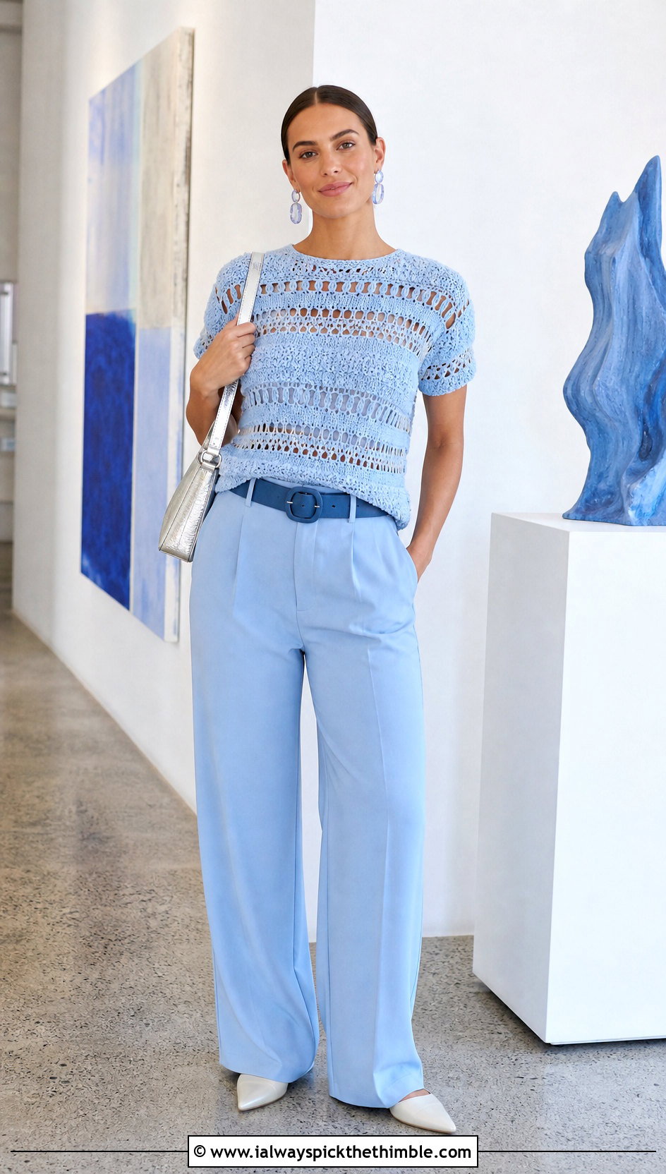 Tonal Crochet Cleo Top With Wide Leg Pants - 20 crochet cleo top outfit ideas
