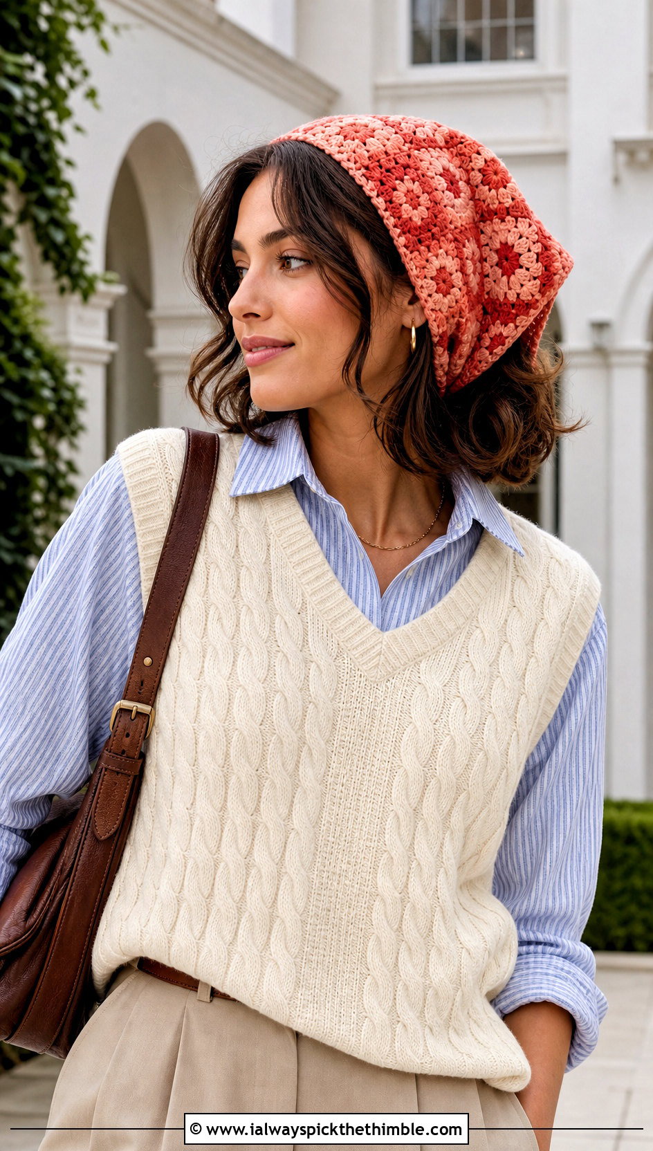 Tonal Granny Square Head Scarf With Sweater Vest - 25 granny square head scarf outfit ideas