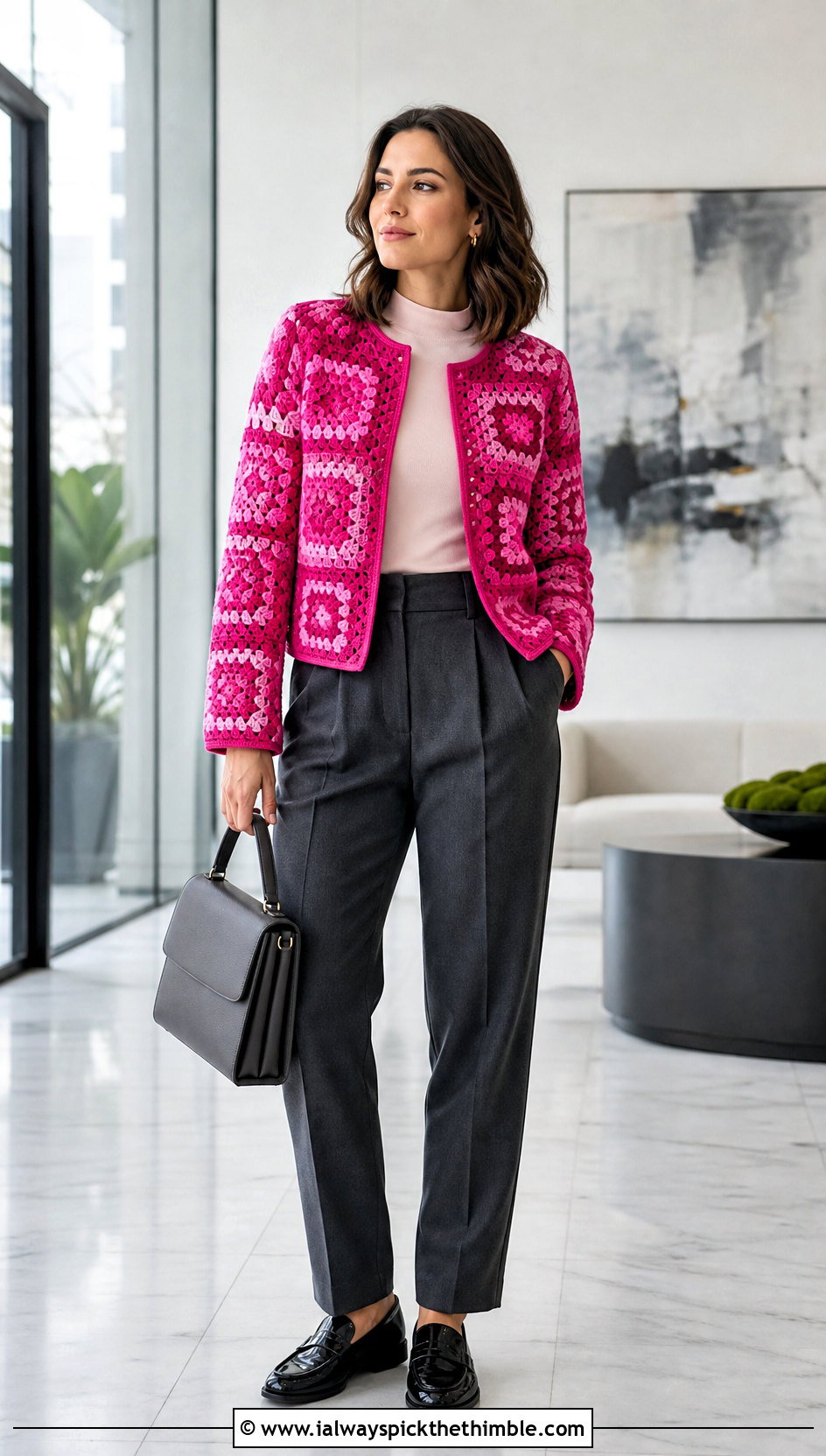 Tonal Granny Square Jacket With Pleated Trousers - 20 crochet granny square jacket outfit ideas