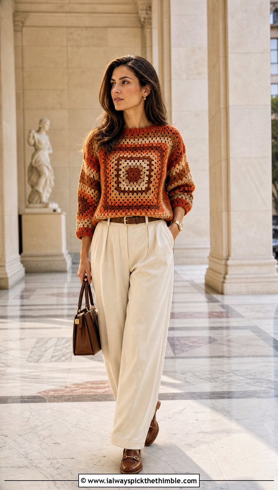 Tonal Granny Square Jumper With Pleated Trousers - 25 crochet granny square jumper outfit ideas