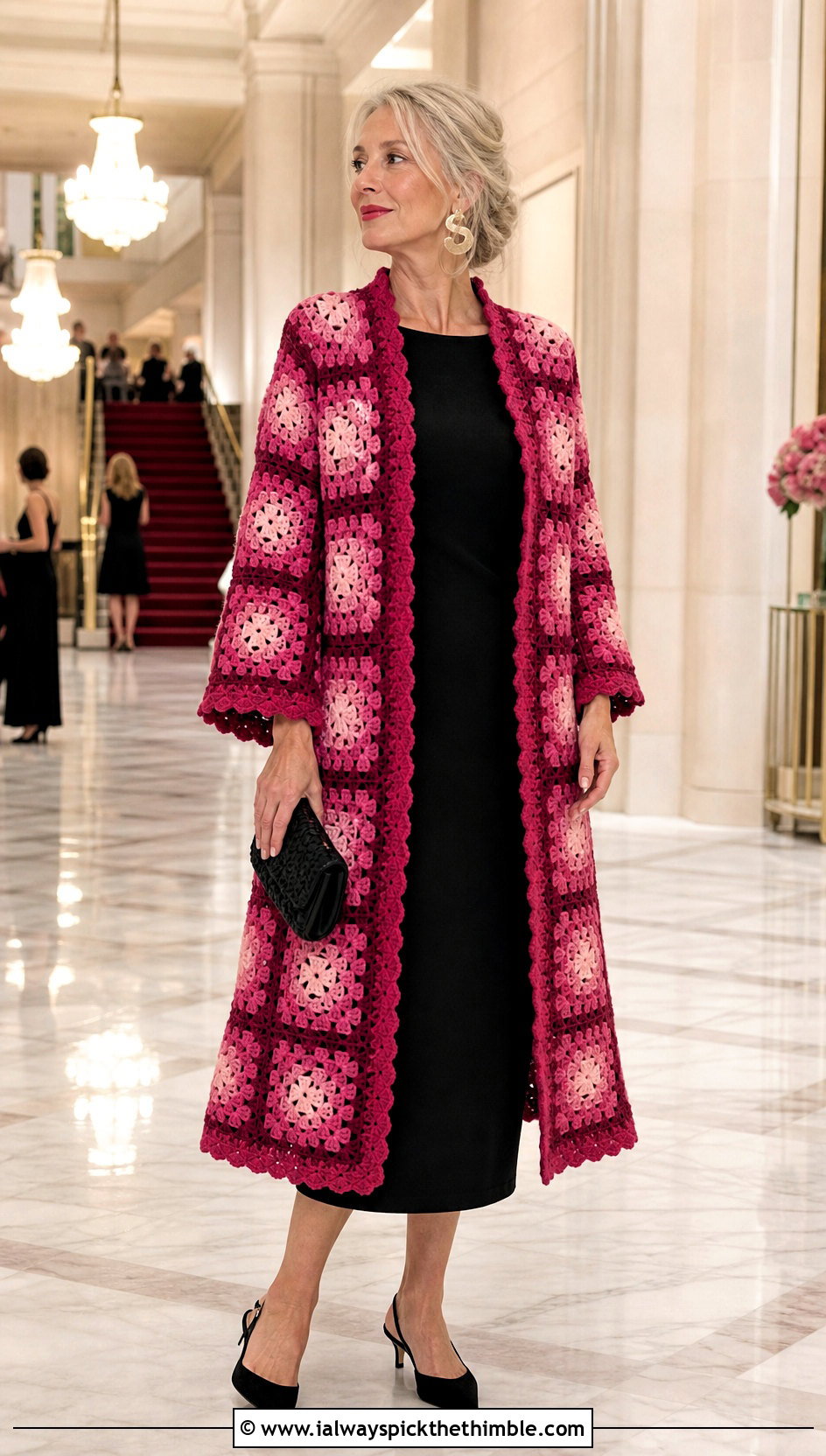 Tonal Granny Square Robe With Black Midi Dress - 20 granny square robe outfit ideas
