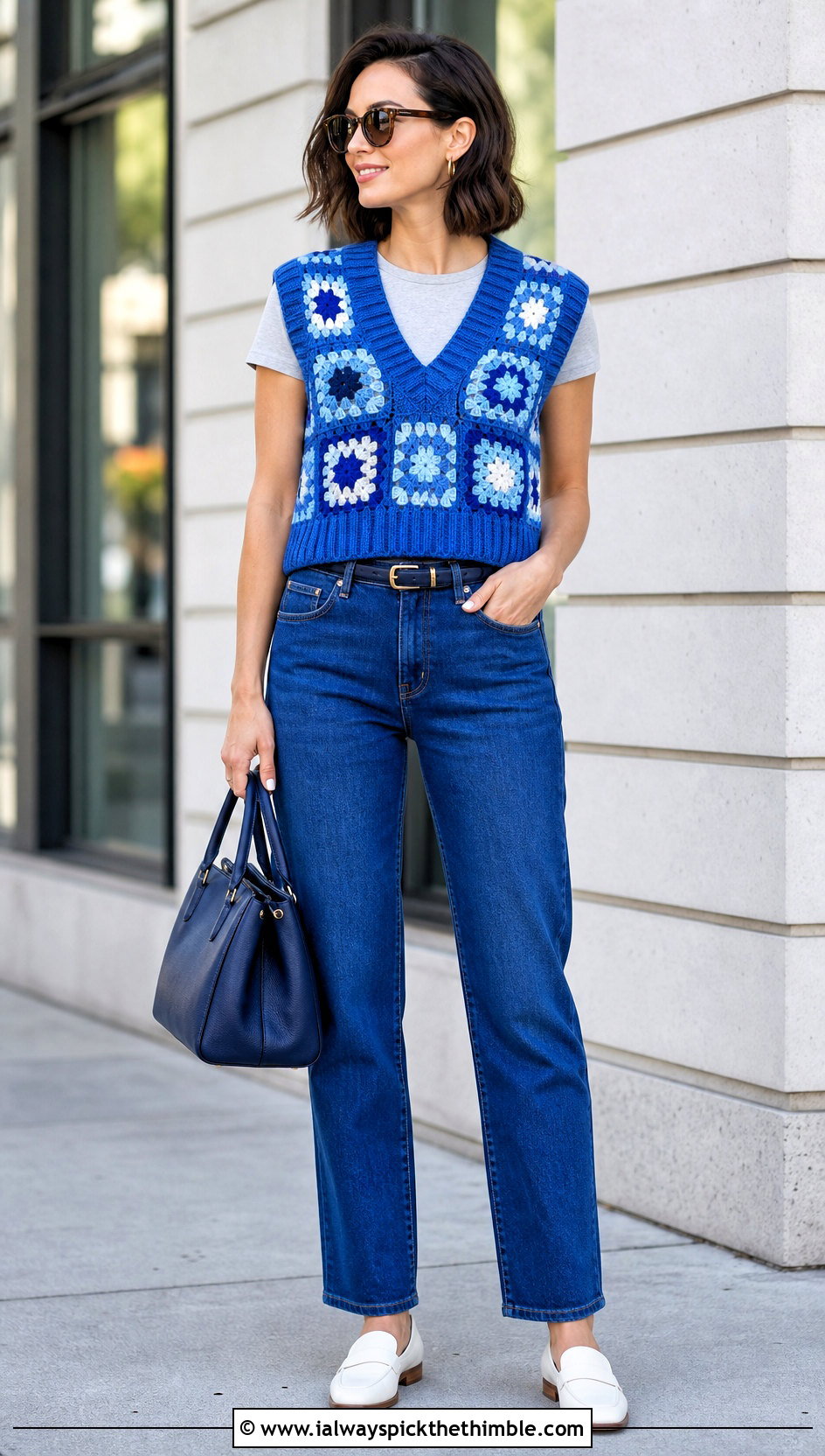 Tonal Granny Square Sweater Vest With Matching Jeans - 15 Crochet Granny Square Sweater Vest outfit ideas