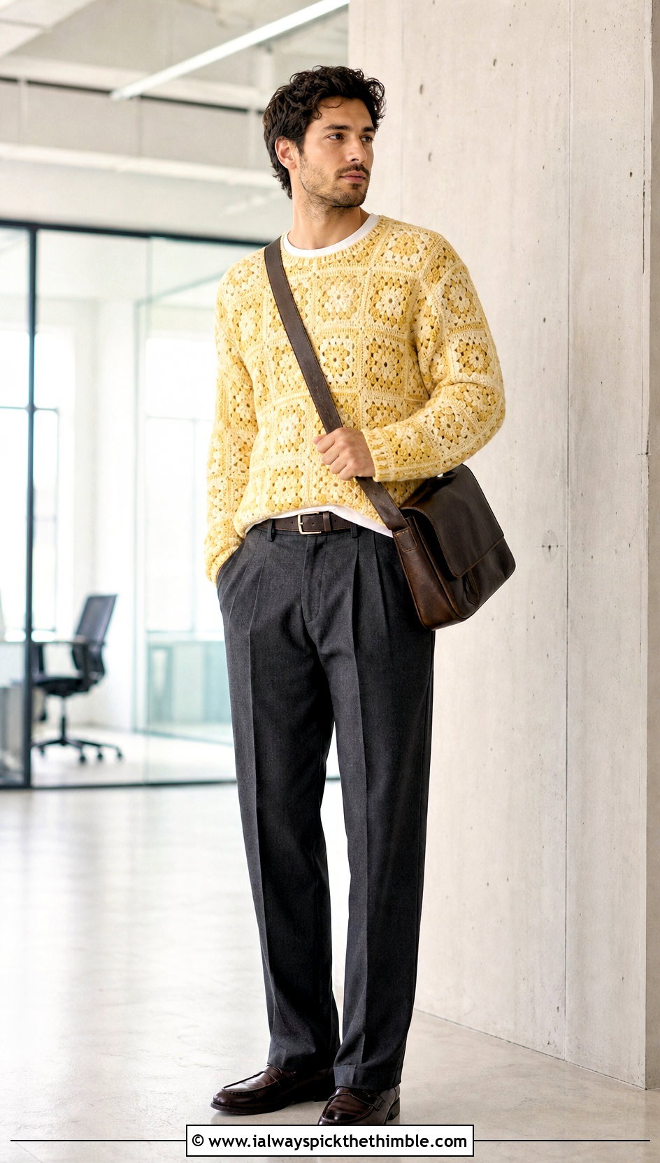 Tonal Granny Square Sweater With Pleated Trousers - 20 Crochet Granny Square Sweater For Men outfit ideas