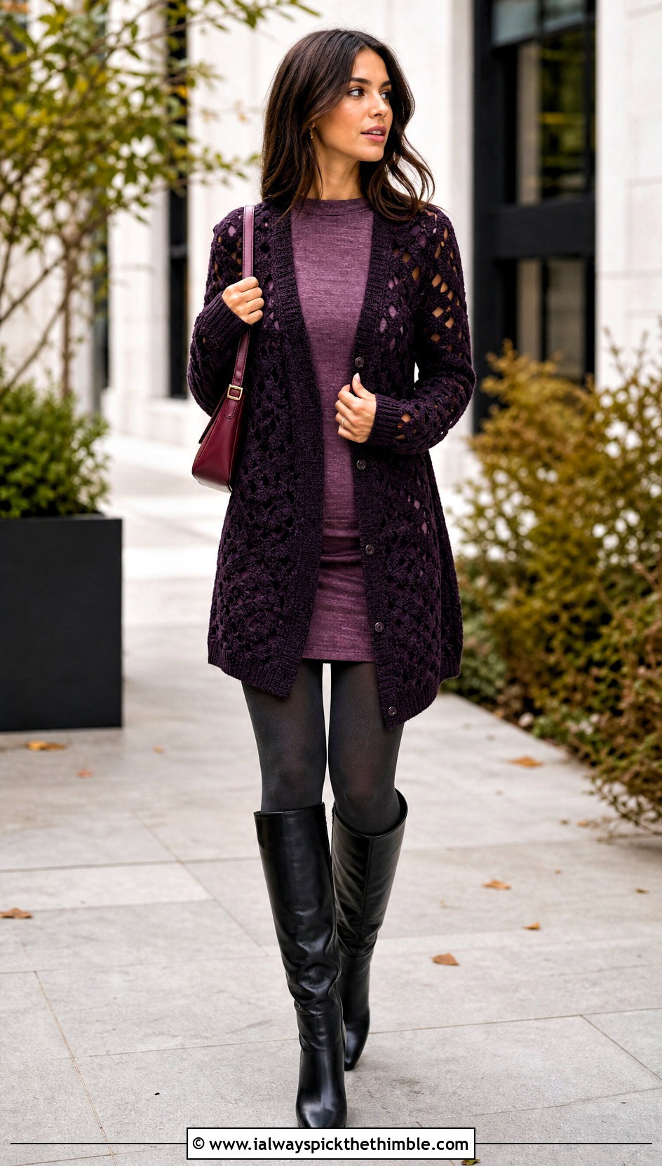 Tonal Habitat Crochet Cardigan With Mini Dress And Boots - 20 Habitat Crochet Cardigan outfit ideas