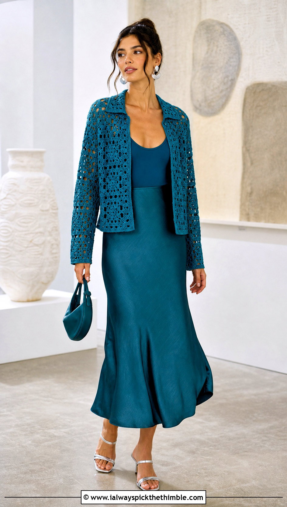 Tonal Relaxagon Crochet Shirt With Satin Midi Skirt - 20 crochet relaxagon shirt outfit ideas