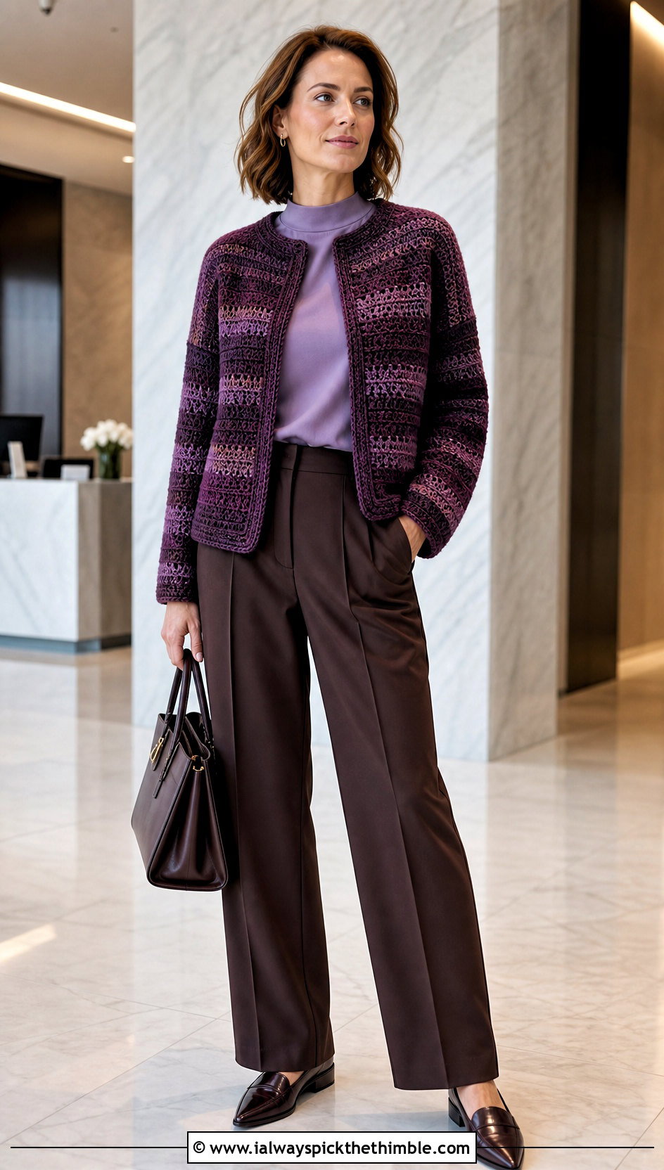 Tonal Riverbed Crochet Cardigan With Pleated Pants - 20 riverbed crochet cardigan outfit ideas