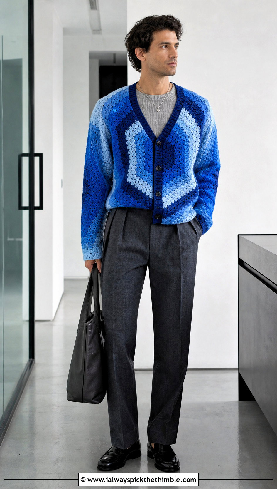Tonal Stripe Hexagon Cardigan With Suit Trousers - 25 men hexagon crochet cardigan outfit ideas