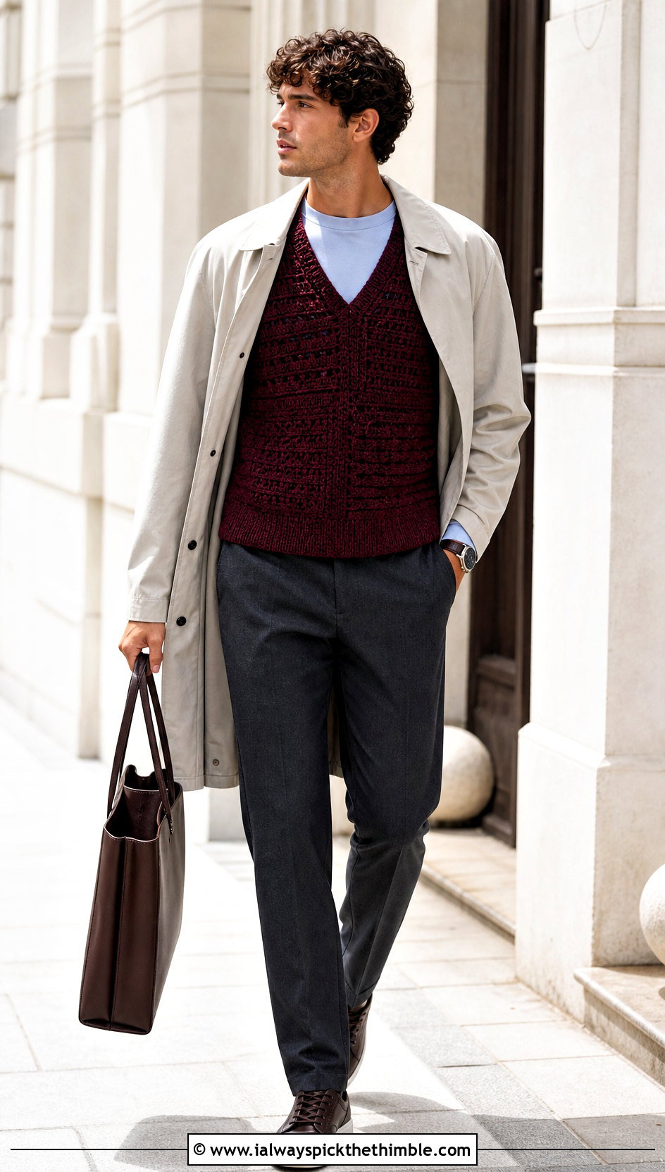Tonal Textured Crochet Vest With Trench Coat - 25 crochet vest for men outfit ideas