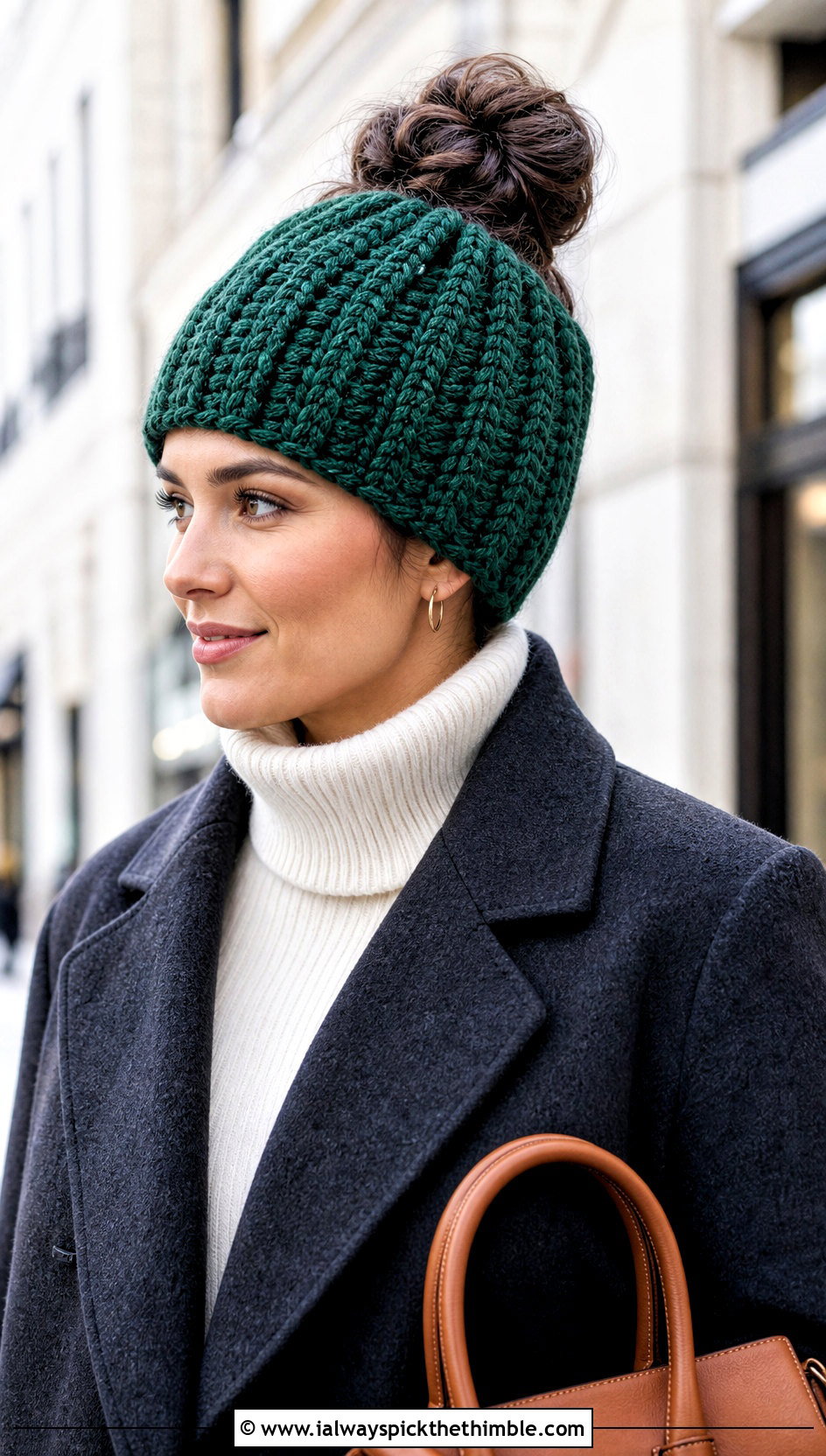 Top Down Alpine Stitch Crochet Messy Bun Hat With Wool Coat - 20 top down crochet messy bun hat outfit ideas