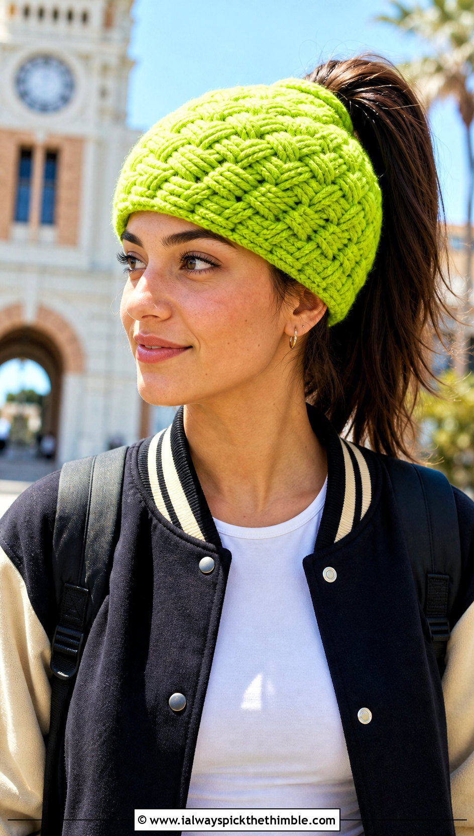 Top Down Basketweave Crochet Messy Bun Hat With Varsity Jacket - 20 top down crochet messy bun hat outfit ideas